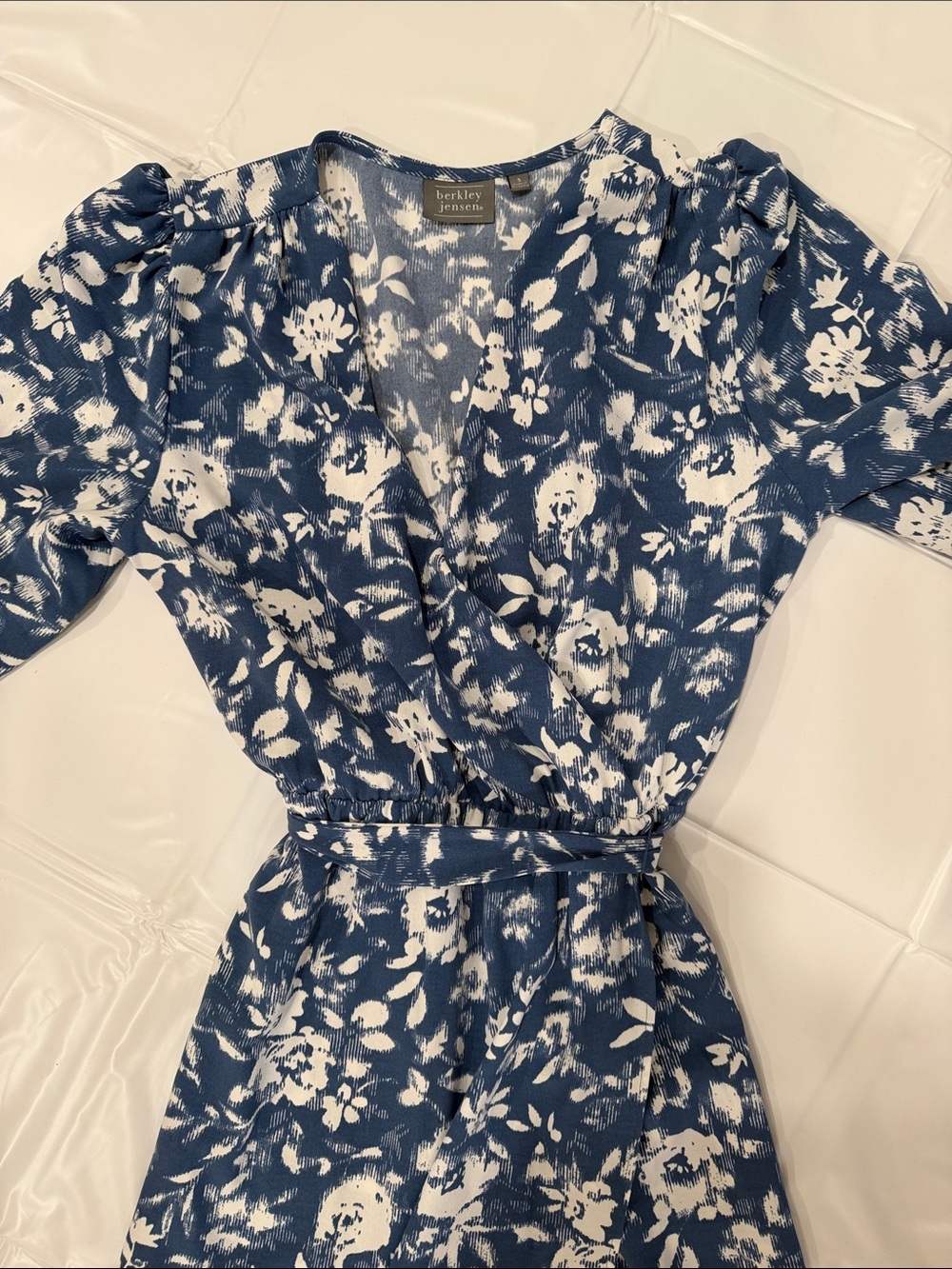Jensen Navy Blue Floral Wrap Midi Dress with Tie Waist
